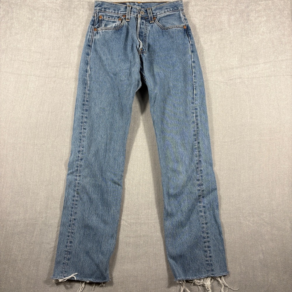 Levis 501 Original Fit Straight Leg Jeans Medium Wash Button Fly Raw Hem 26x27